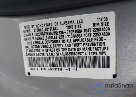 2009 Honda Odyssey Touring z USA, uszkodzony, nr VIN 5FNRL38859B029714